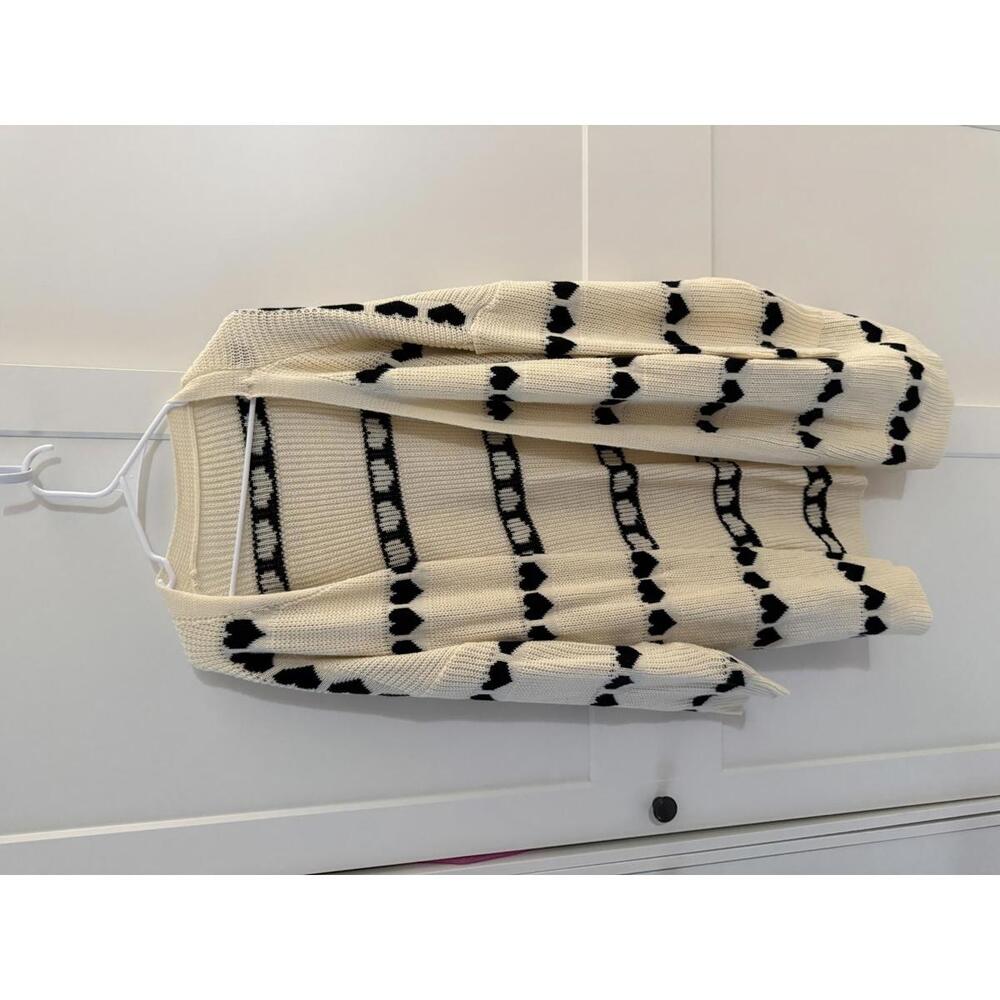 Cream and Black Heart Patterned Knit Cardigan